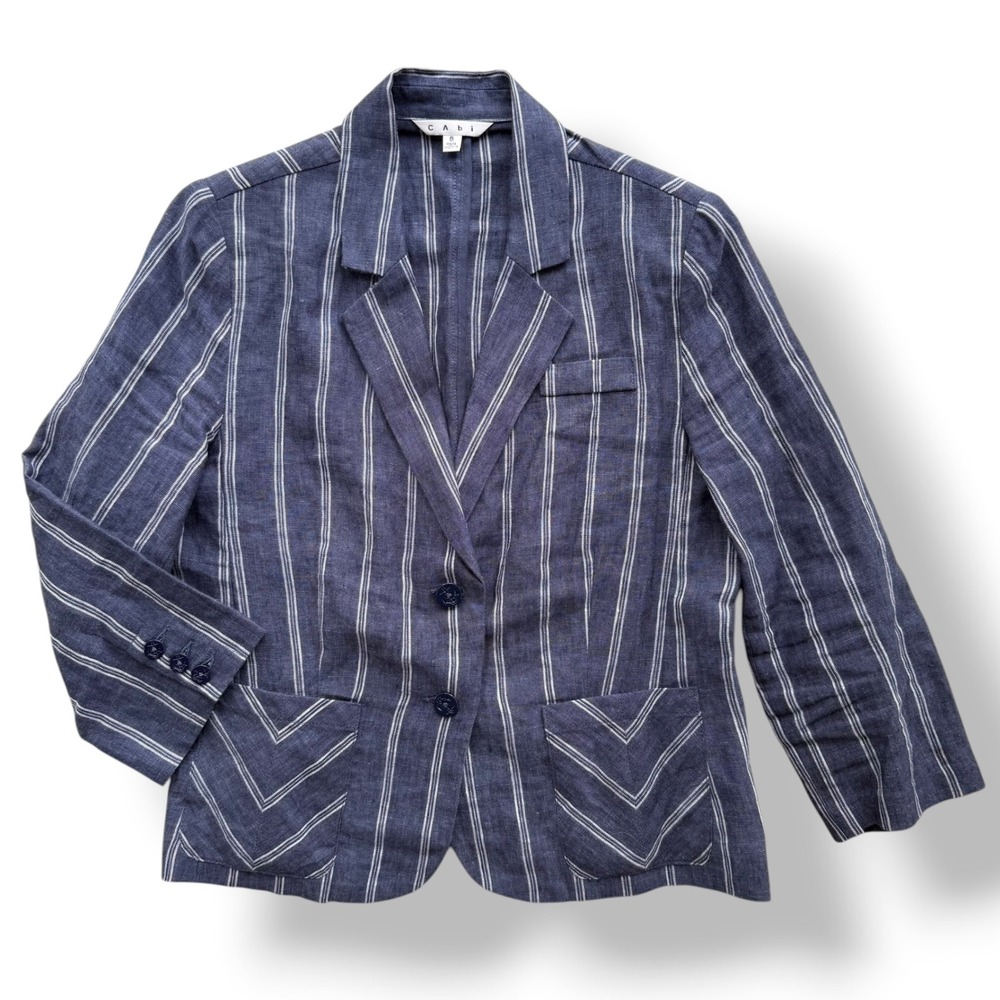 Cabi Women 8 Navy Blue White Stripe 100% Linen Anchor Button Blazer 871 Nautical